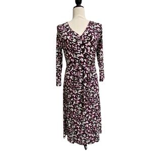 L.K. Bennett Black White Magenta Floral Geometric Wrap Jersey Midi Dress Sz 6